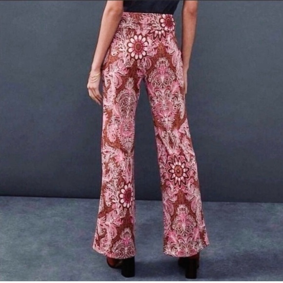 Maeve Pants - Anthropologie Maeve Pink Bronze Metallic Floral Paisley Wide Leg Flare Pants.